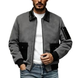 LWITHSZG Mens Bomber Jacket Faux Leather Collared Zip up Jackets with with Pockets Color Block Long Sleeve Fall Winter Casual Outerwear XS - Thumbnail 2