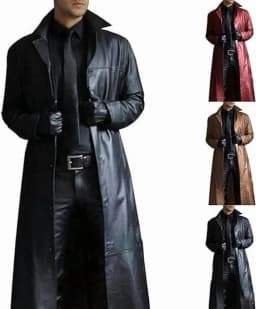 Mens Leather Trench Coat Full Length Black Classic Faux Leather Long Coat Retro Black Leather Jacket Long Steampunk Overcoat - Thumbnail 3