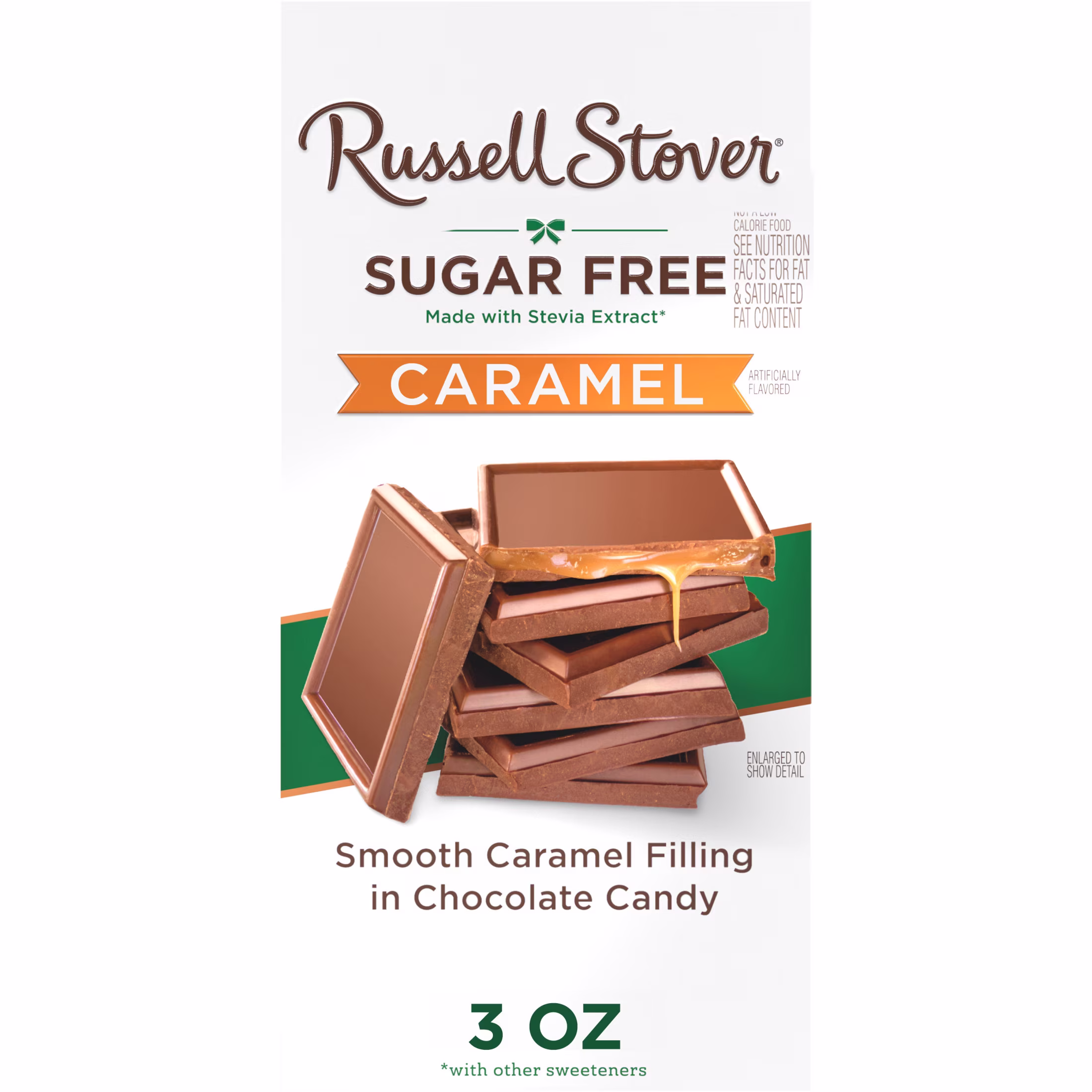 Russell Stover Sugar Free Caramel Bar with Stevia Smooth Caramel Filling in Chocolate Candy, 3 oz. Bar - Thumbnail 1