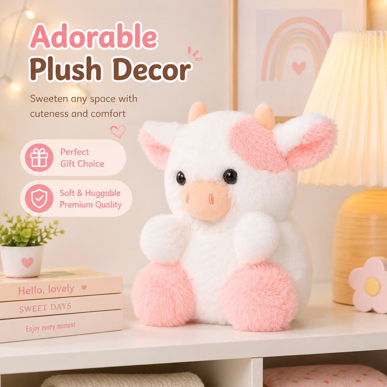 Strawberry Cow Plush Doll - Cute Stuffed Animal Toy, Soft Cuddly Cow Plushie, Durable Family Stuffed Toy, Perfect Holiday Birthday Gift for Easter - Thumbnail 1