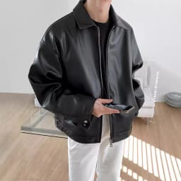Donemore Men's Korean Style PU Leather Casual Baseball Jacket Motorcycle Coat Long Sleeve Collarless Slim Fit Design Trendy Urban Look for Multiple Occasions - Thumbnail 1