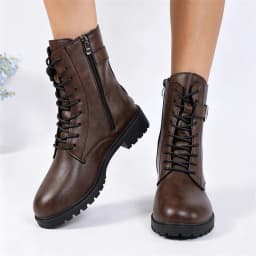 Ankle Boots for Women, Lace Up Combat Booties with Side Zipper Belt Buckle, Chunky Low Heel Round Toe Comfortable Casual Fashion Shoes - Thumbnail 6
