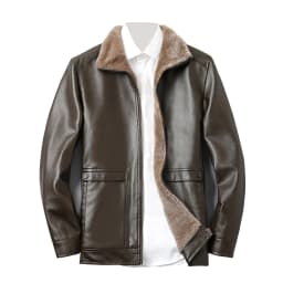 BLTIBY Men's Faux Leather Jacket Casual Zip Up Fur Collar Lapel Vintage Leather Motorcycle Coat Solid Color Slim Punk Biker Outwear with Pockets Brown L - Thumbnail 2