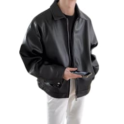 Donemore Men's Korean Style PU Leather Casual Baseball Jacket Motorcycle Coat Long Sleeve Collarless Slim Fit Design Trendy Urban Look for Multiple Occasions - Thumbnail 2