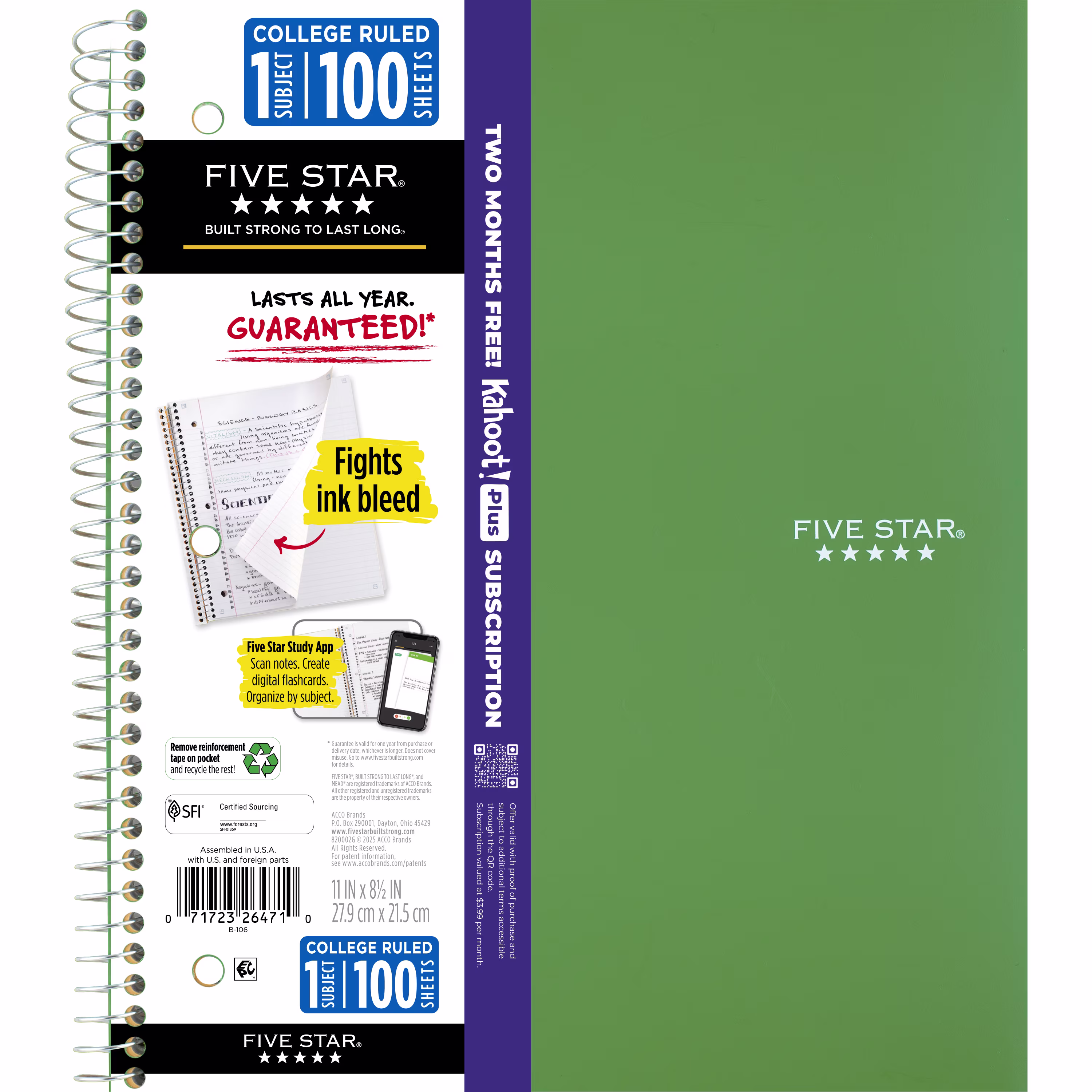 Five Star Retro Green College Ruled 1 Subject Notebook with Study App, 8.5" x 11", Poly Cover, Spiral, 100 Sheets - Thumbnail 2