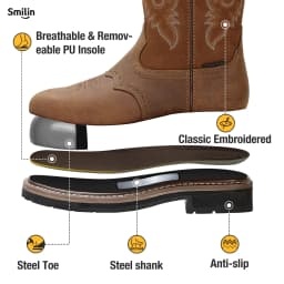 SMILIN Steel Toe Boots For Men Pull-on Western Work Boots,Brown,Size 12 - Thumbnail 3