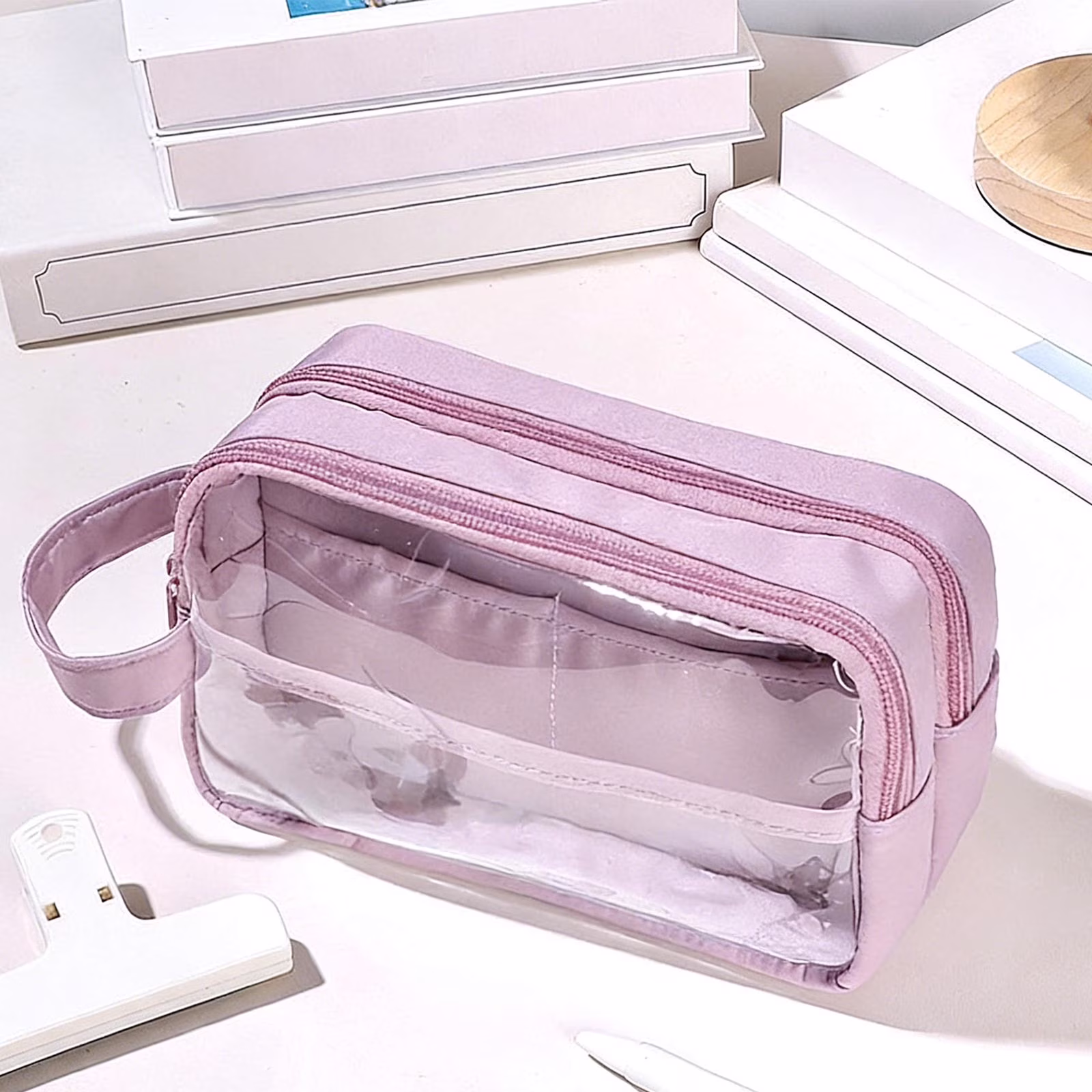 Dmlowu Pencil Pouch, 2 Separate Zippered Compartments Waterproof Pencil Case, Large Capacity Clear Bag for Pens Markers Tape Journal Supplies Badges - Thumbnail 5