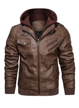 Hood Crew Men's Pu Faux Leather Jacket with Removable Hood Brown M - Thumbnail 1