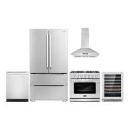 Cosmo 5 Piece Kitchen Appliance Package with 36" Freestanding Gas Range 36" Island Range Hood 24" Built-in Fully Integrated Dishwasher French Door - Thumbnail 1