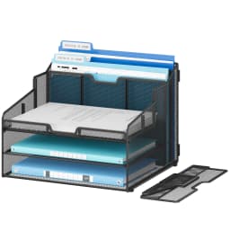 Marbrasse Mesh Metal Desk Organizer with Sliding Trays, Multi - Compartment Desktop File Organizer for Office Supplies, Documents, Folders, Black - Thumbnail 5
