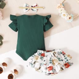 PatPat 3pcs Baby Girl 95% Cotton Short-Sleeve Letter Print Romper & Floral Print Layered Ruffled Shorts & Headband Set,0-18 Month - Thumbnail 4