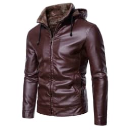 Pejock Men's Hooded Biker Jacket, Loose Fit Genuine Leather Coat with Zipper Closures - Windproof Motorcycle Style for Casual Wear, Daily Outdoor and Urban Street - Thumbnail 1