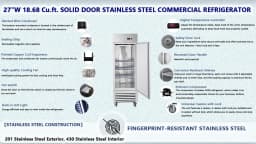 27" Commercial Refrigerator, 18.68 Cu.ft Single Solid Door Reach-in Refrigerator, Stainless Steel Interior & Exterior, Fan Cooling Upright Fridge - Thumbnail 16