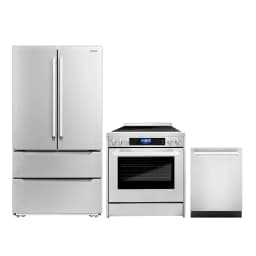 Cosmo 3 Piece Kitchen Appliance Package with 30" Freestanding Electric Range 24" Built-in Fully Integrated Dishwasher & French Door Refrigerator - Thumbnail 1