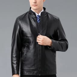 Men Stand Collar Full Zip Faux Leather Jacket, Classic Slim Fit Windproof Moto Coat, Fall Spring Business Casual Outerwear Black XS - Thumbnail 2