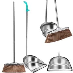 Broom and Dustpan Set with Long Handle Heavy Duty Stainless Steel Dustpan with Broom Space Saving Broom Dustpan Combo Sweeper and Dustpan Set - Thumbnail 1