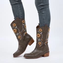 Ecetana Women's Western Cowboy Boots Sunflower Embroidered Mid-Calf Pointed Toe Chunky Heel Cowgirl Boot - Thumbnail 8