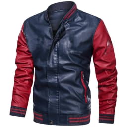 HOOMEUMY Mens Faux Leather Jacket Stand Collar Design Slim Fit Patchwork Zipper Biker Motorcycle Jacket Casual Workout Long Sleeve Clothes Fashion 2025 Trendy Colorblocked Coat Blue XXXL - Thumbnail 2