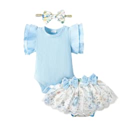 Kucnuzki 0 Months Newborn Baby Girl Clothes Romper Shorts Set 3 Months Fly Sleeve Pure Color Casuak Rompers Top Elastic Floral Mesh Panel Shorts Headband 3PCS Set Blue - Thumbnail 1