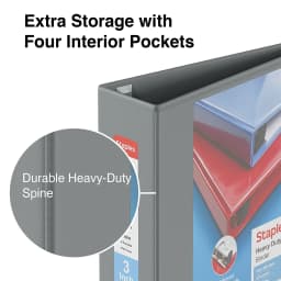 Staples Heavy-Duty 3-Inch D 3-Ring View Binder Gray (26368) 976043 - Thumbnail 4