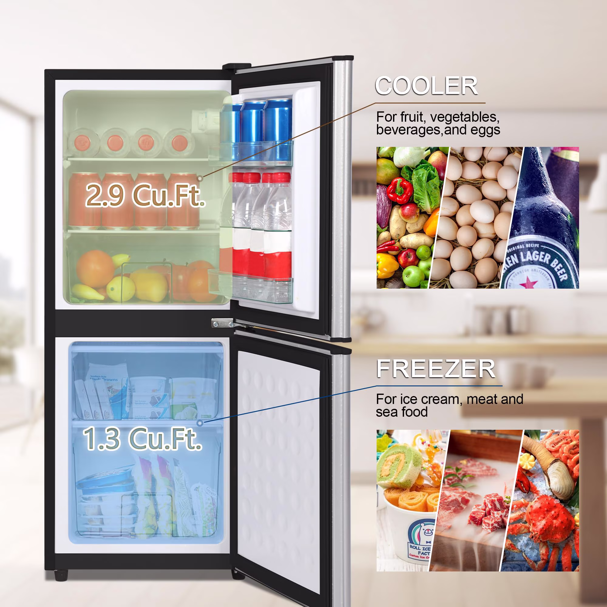4.2 Cu.Ft Small Fridge with Freezer, 7-Level Adjustable Thermostat, Removable Glass Shelves, Quiet 38dB Energy-Saving for Dorm/Office/Kitchen - Thumbnail 2