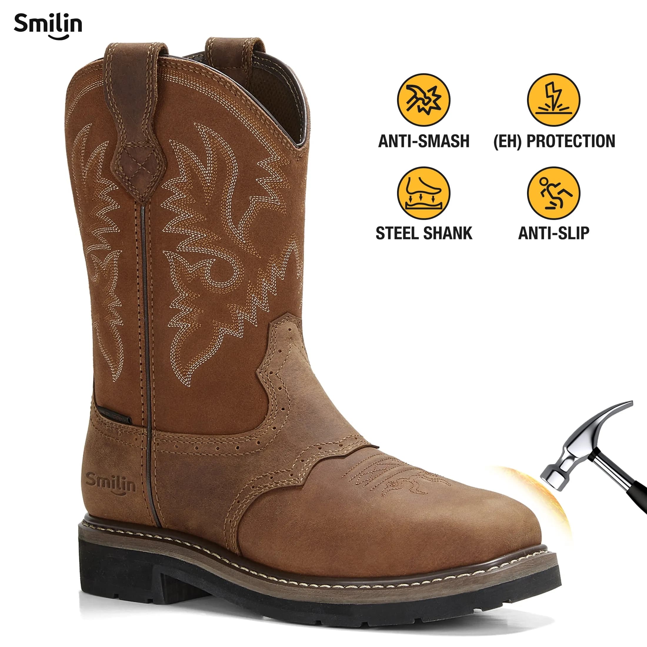 SMILIN Steel Toe Boots For Men Pull-on Western Work Boots,Brown,Size 8.5