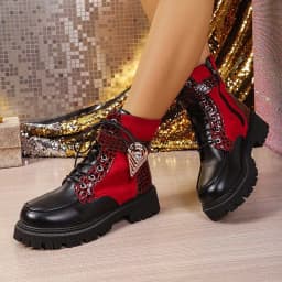 Womens Platform Boots Round Toe Chunky Ankle Boots Punk Boots Lace Up&Zipper Combat Boots with Beautiful Decor - Thumbnail 4
