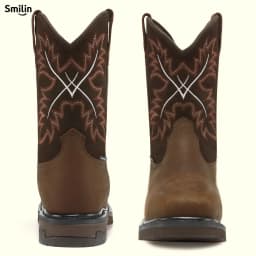 SMILIN Men's Steel Toe Work Boots, Square Toe Waterproof Cowboy Boots for Men, Brown, US Size 9.5 - Thumbnail 9