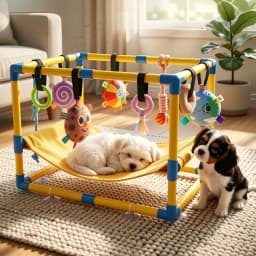 Yucurem Puppy Play Gym with Hammock & 9 Toys, Adjustable PVC Frame Indoor Jungle Gym with Bungee Straps for Small Dogs & Cats Interactive Toys - Thumbnail 1
