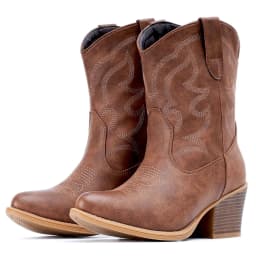 Cowboy Boots for Women Wide Suede Ankle Western Cowgirl Boots Mid Calf Pointed Toe Short Chunky Classic Booties - Thumbnail 2