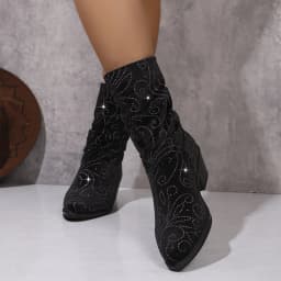 Willtoo Women Mid Calf Boots, Rhinestone Pointed Toe Comfortable Booties, Faux Suede Pull On Chunky Heel Fashion Boots for Party & Daily Wear - Thumbnail 2
