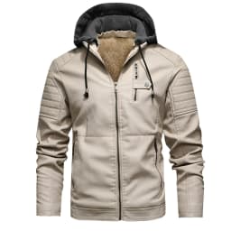IYTR Men's Faux Leather Jacket Hooded Drawstring Long Sleeve Coat Winter Warm Motorcycle Biker Jacket Casual Leather Coat White M - Thumbnail 1