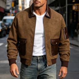 Gamivast Vintage Suede Bomber Jacket for Men Zip up Faux Leather Patchwork Coat Lightweight Casual Outerwear Windbreaker with Pockets for Fall Winter Activewear Brown XXL - Thumbnail 4
