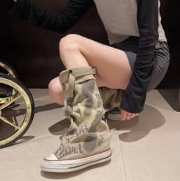 Women’s Knee High Punk Goth Boots, Wide Calf Lace-Up Canvas Boots with Buckles, Fold-Over Graffiti Print, Distressed Sole Streetwear - Thumbnail 2