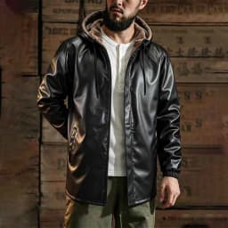 Mens Faux Leather Jackets Full Zipper Drawstring Hooded Long Sleeve Fashion Motorcycle Jacket Black XL - Thumbnail 6