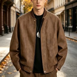 LMOIPLI Men Stand Collar Vintage Textured Faux Leather Bomber Jacket Snap Button Oversized Casual Outer Coat for Spring Fall Street Campus Daily Walking Coffee XS - Thumbnail 2