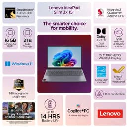 Lenovo IdeaPad Slim 3x 15.3" WUXGA Touchscreen Copilot+ PC - Snapdragon X (8-Core), 16GB LPDDR5X, 2TB SSD - Thumbnail 4