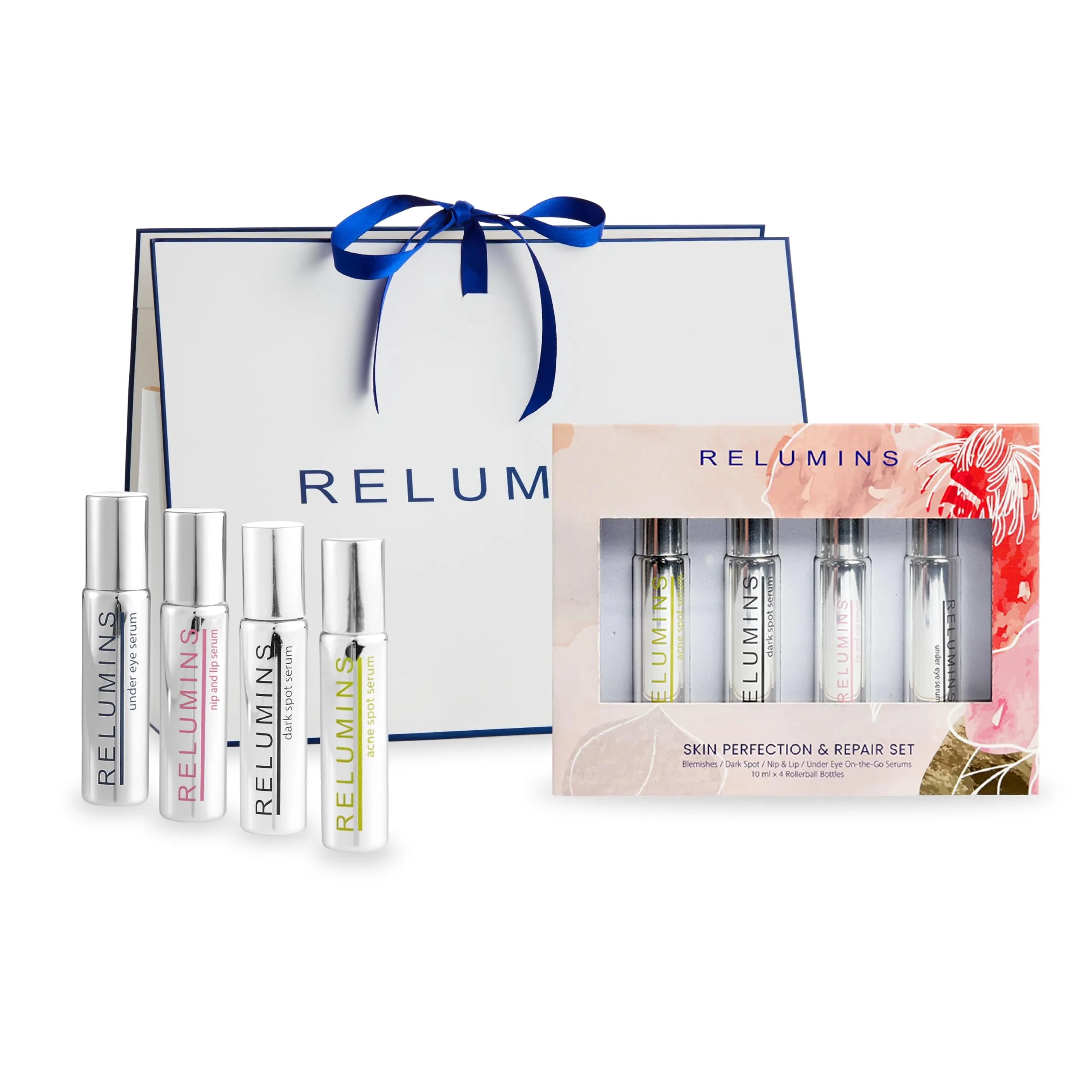 Relumins On-the-Go Gift Set Travel Skincare Bundle with Undereye & Lip Roll-On, Skin Tone & Refreshing Serum Nourishin