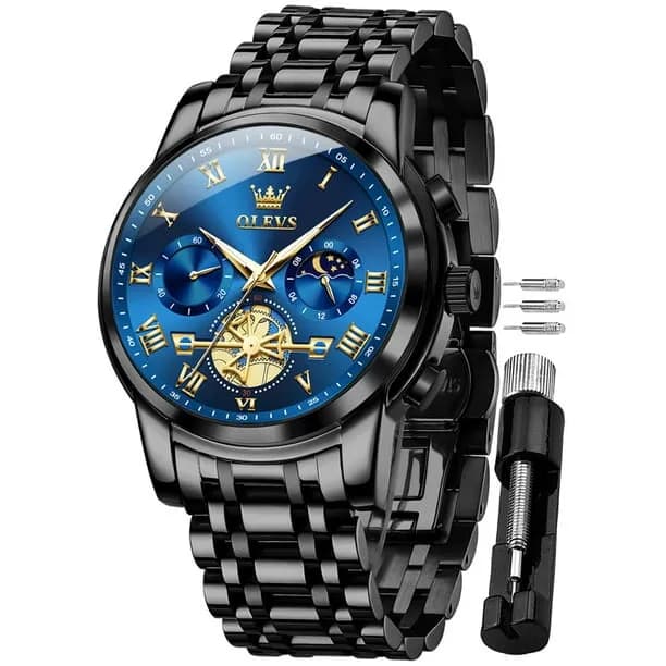 Mens Watches Chronograph Business Dress Quartz Stainless Steel Waterproof Luminous Date Wrist Watch For Men Blue Dial
