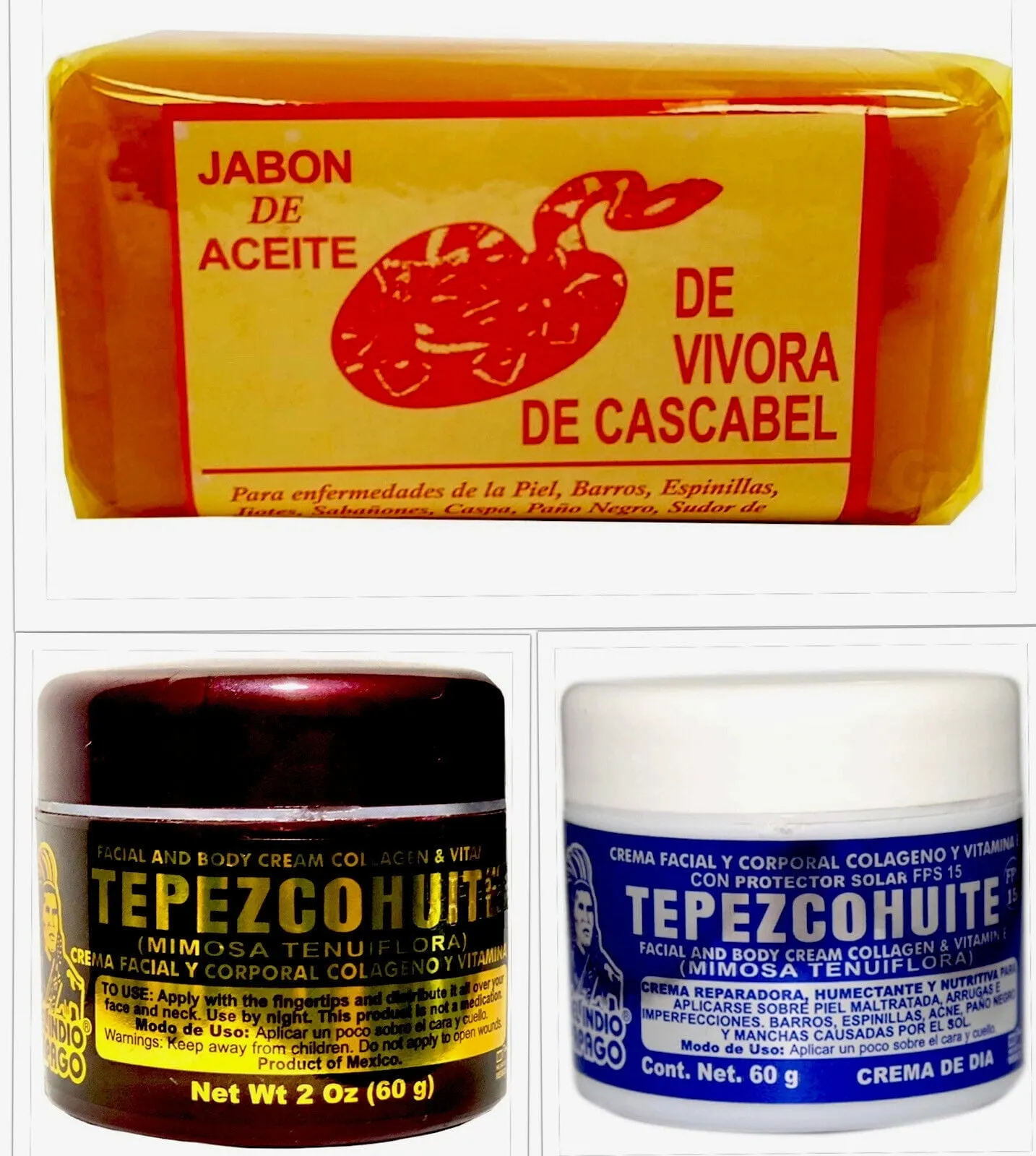 Indio Papago 3-Pack Skincare Set Rattlesnake Oil Soap + Tepezcohuite Day Cream (SPF 15) + Night Cream 4.23oz Bar & 2 x
