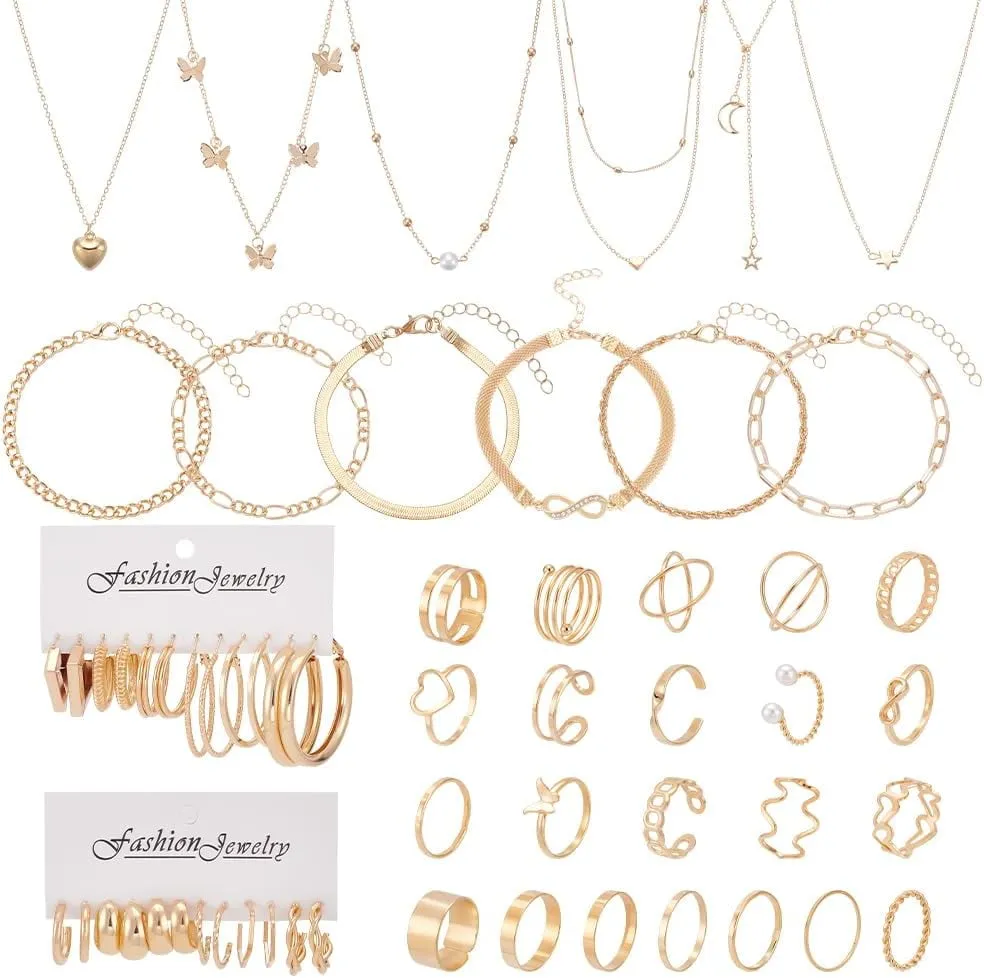 58 Pieces Gold Jewelry Set for Women Hoop Earrings