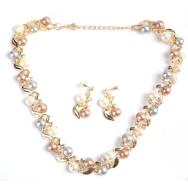 Alloy Jewelry Set Lady Jewelry Set Women Faux Pearl Necklace Earrings Set Bridal Jewelry Set with Rhinestone Jewelry Gif
