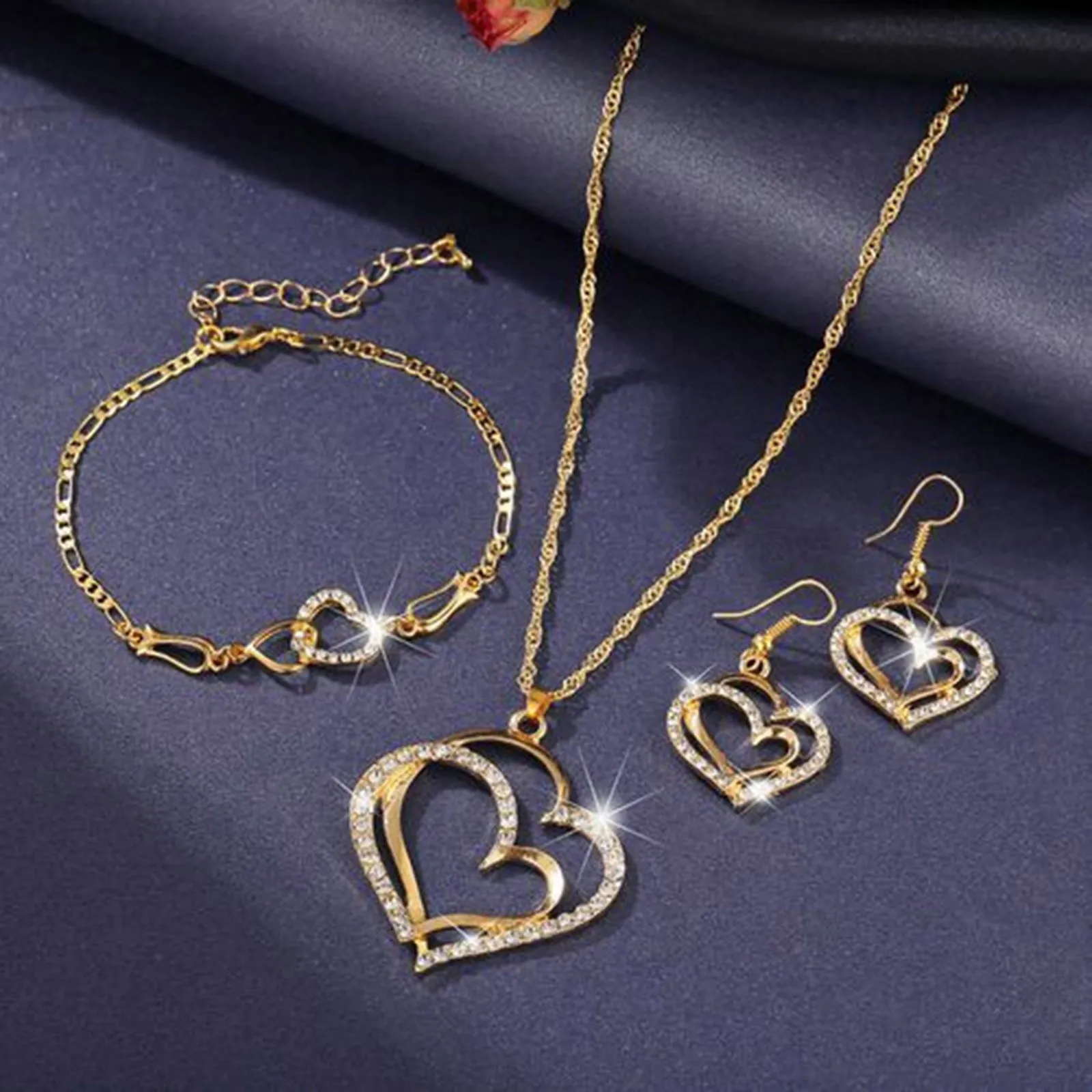Gold Diamond Double Love Pendant Necklace Earrings