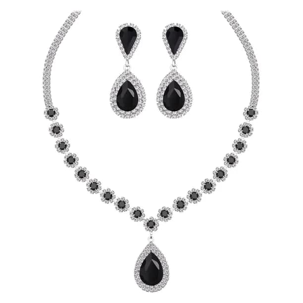 Women Bridal Wedding Jewelry Set Teardrop Crystal Necklace Earrings for Bride Bridesmaid Party Prom Gifts Black