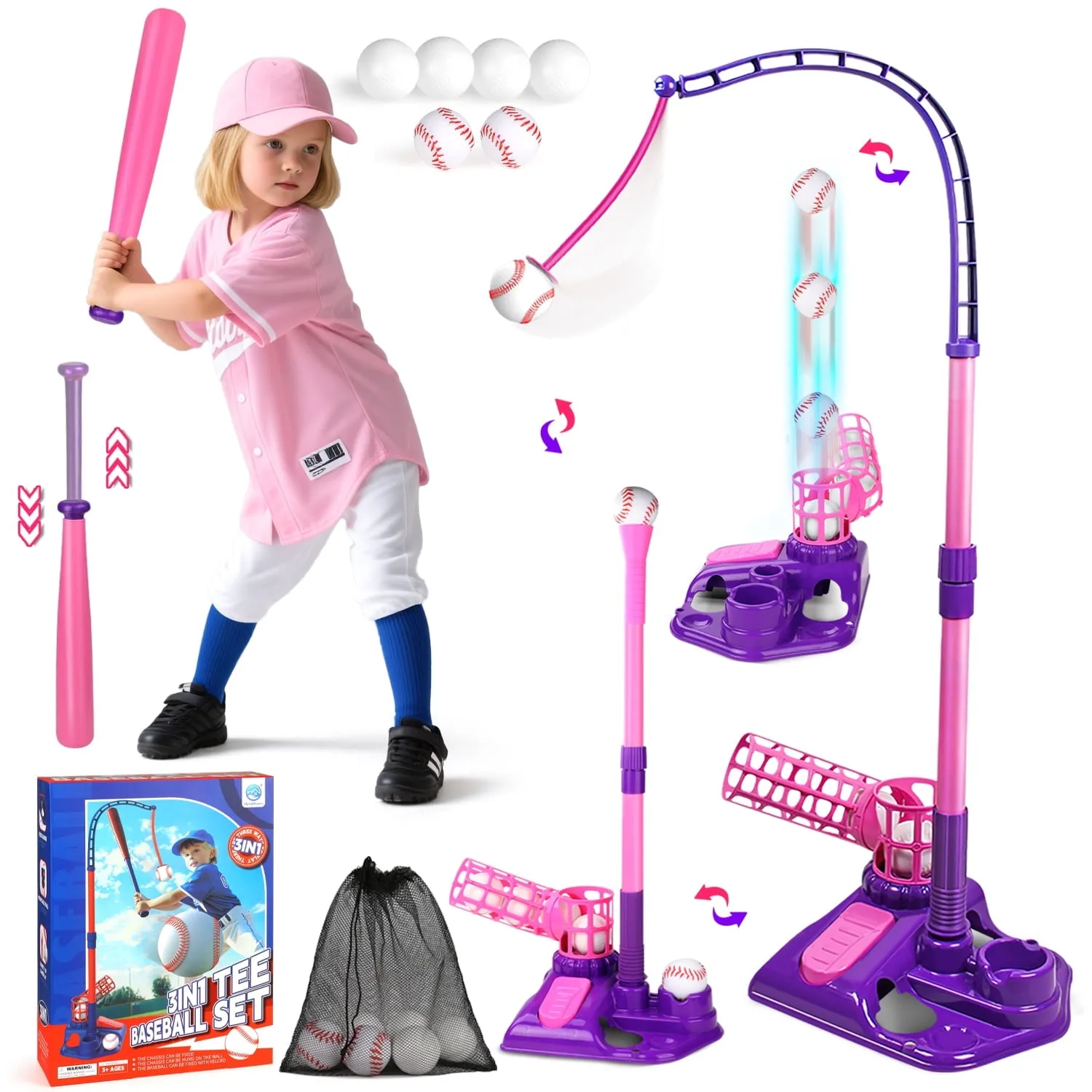 Hot Bee Pink 3 in 1 Girls T Ball Set Step Pitcher