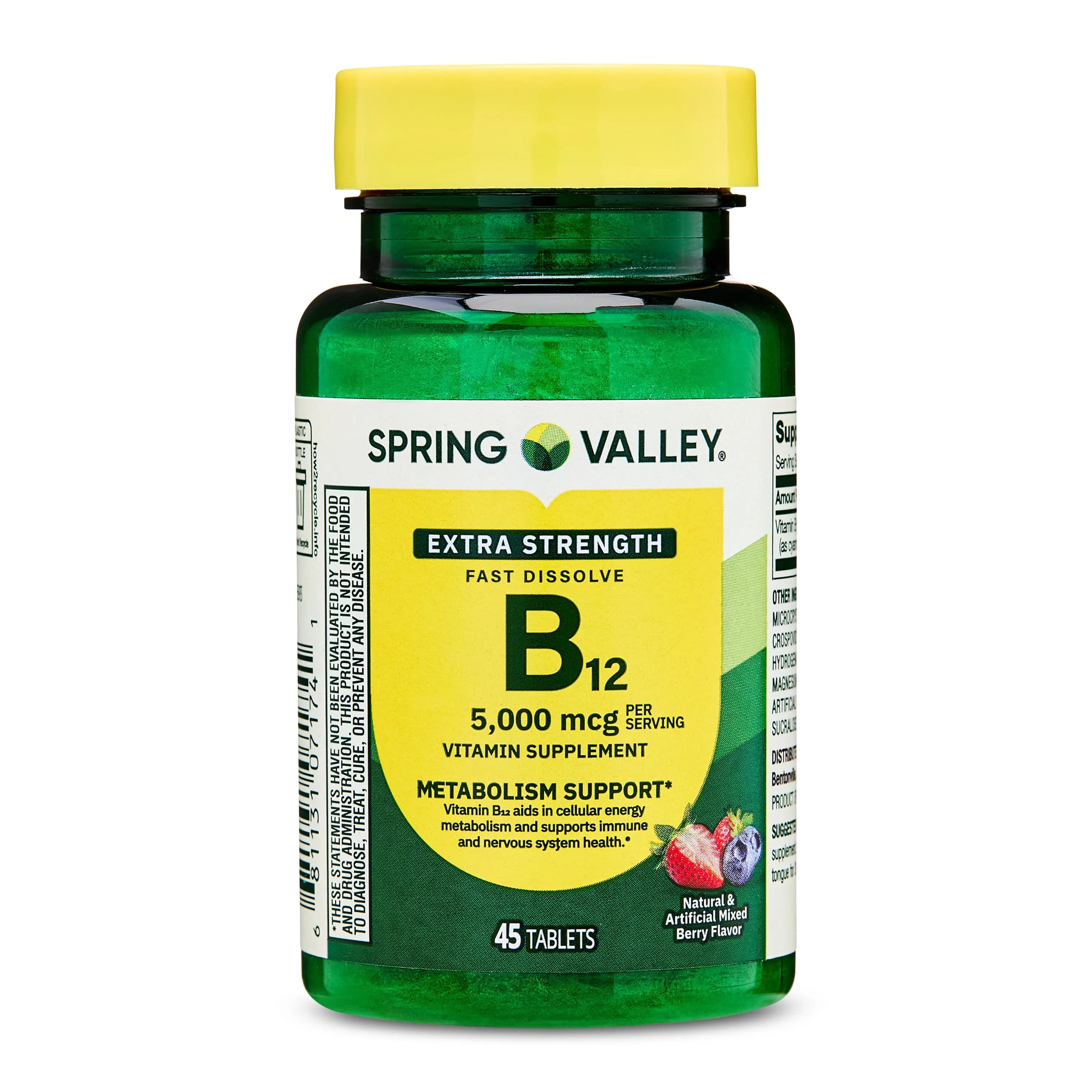 Spring Valley Fast-Dissolve Extra Strength Vitamin B12 Dietary Supplement Tablets for Metabolism Support, Mixed Berry, 5