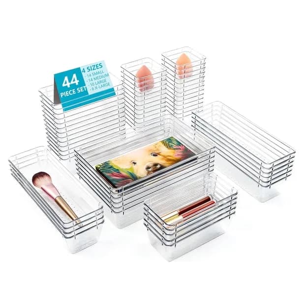 Asnews 44 Pcs Clear Plastic Drawer Organizer Set, 4 Sizes Desk Drawer Divider Organizers and Storage Bins for Makeup, Je