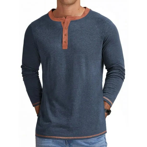 Crew Neck Henley Men Shirts Long Sleeve Shirts for