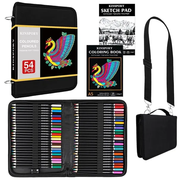 KINSPORY 54 Colored Pencils Drawing Set, with 3-Color Sketchbook, Coloring Book, Art Supplies in Zipper Bag for Artists 