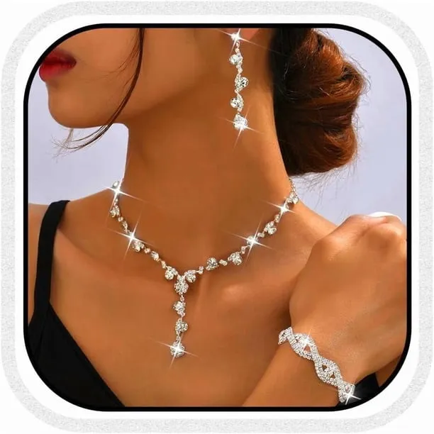 Rhinestone Necklace Set Silver Sparkly Earrings
